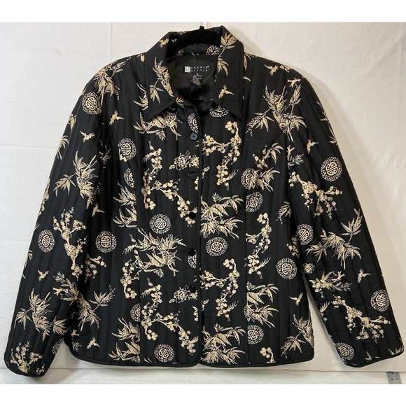Vintage Carole Little Women XL Silk Floral Black Quilted Beaded Button Up Jacket - Picture 1 of 7